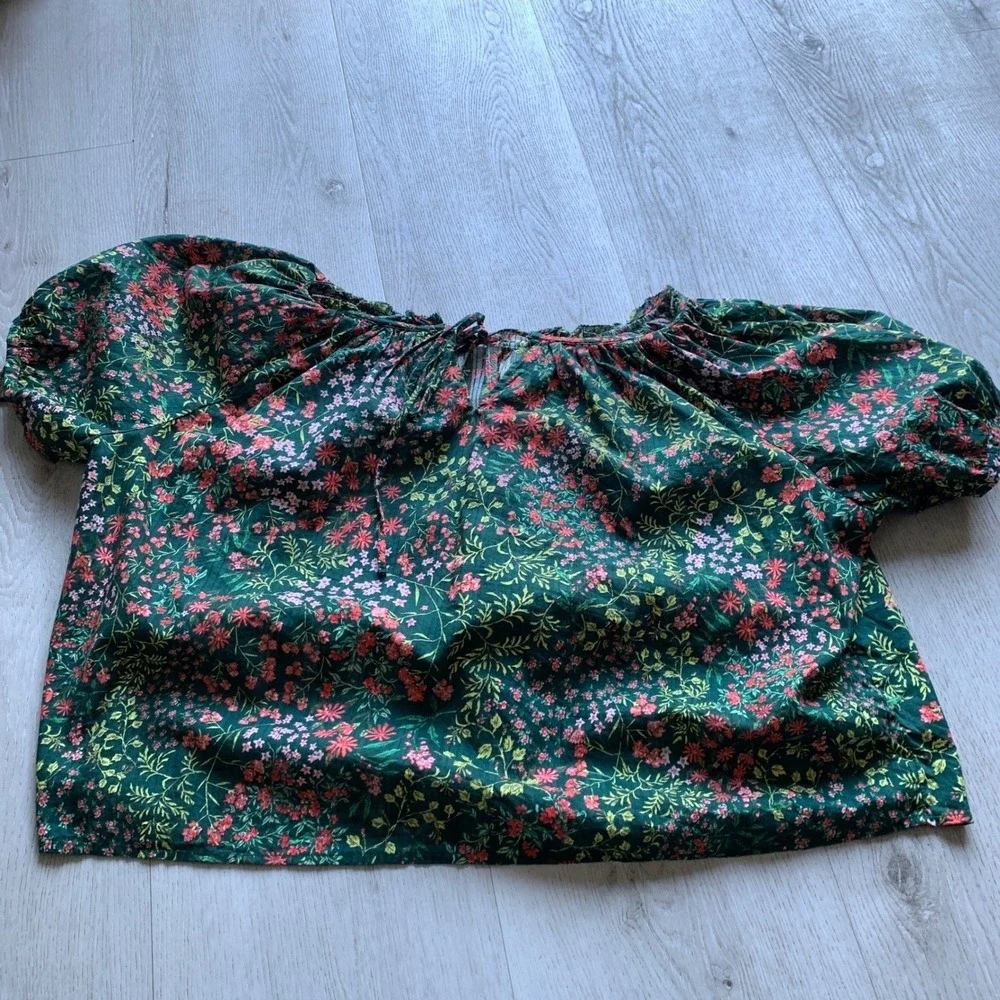 LOFT Women's Green Floral Smocked Off-Shoulder‎ Puff Sleeve Crop Top Blouse